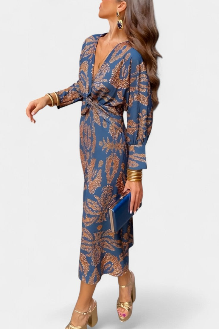 Ema - Robe Maxi avec Décolleté en V et Nœud Frontal