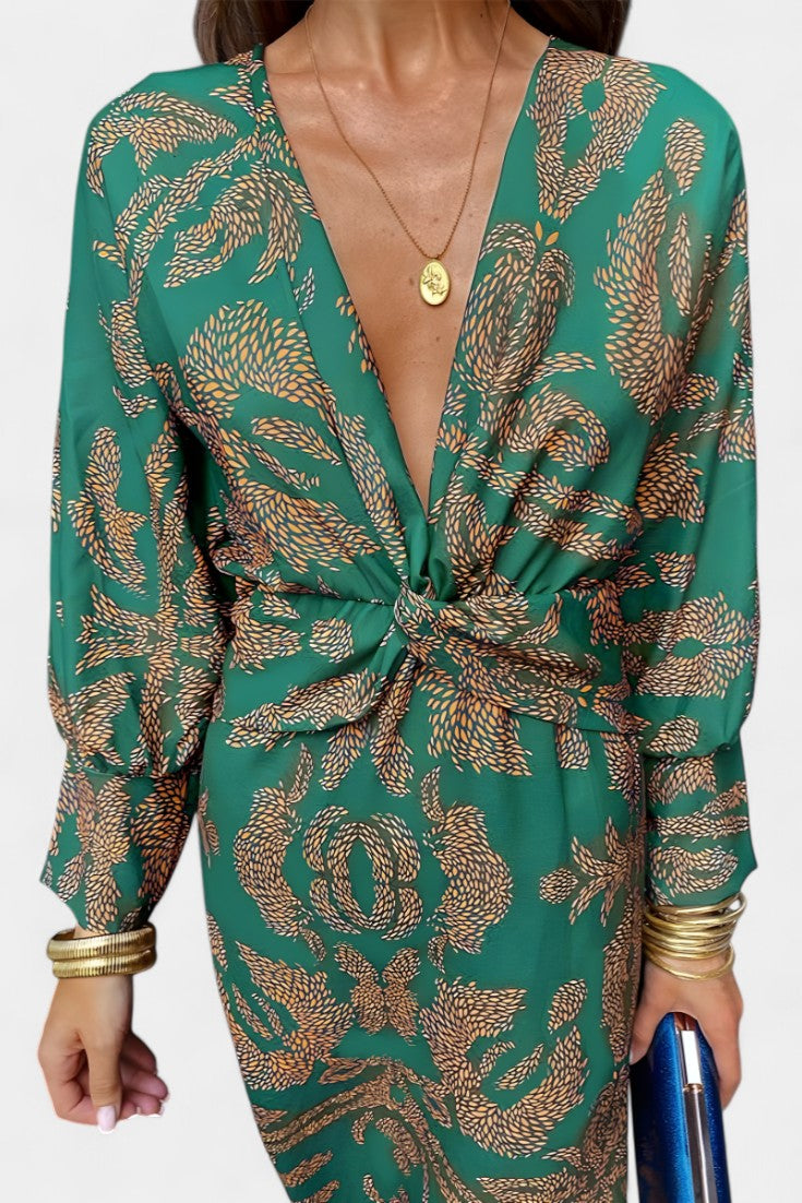 Ema - Robe Maxi avec Décolleté en V et Nœud Frontal