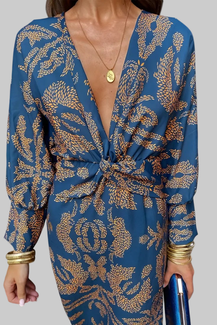 Ema - Robe Maxi avec Décolleté en V et Nœud Frontal