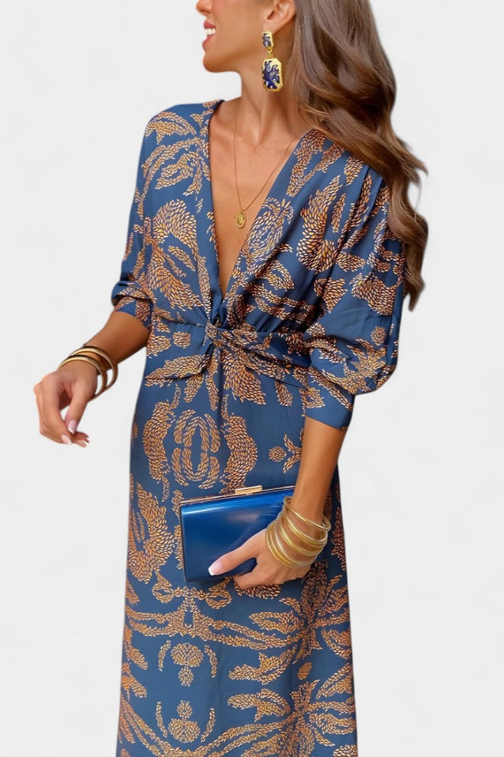 Ema - Robe Maxi avec Décolleté en V et Nœud Frontal