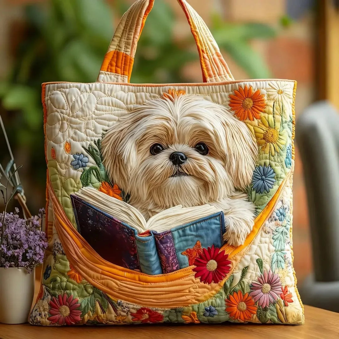 Sac à bandoulière Artisanal - Shih Tzu avec Livres et Fleurs