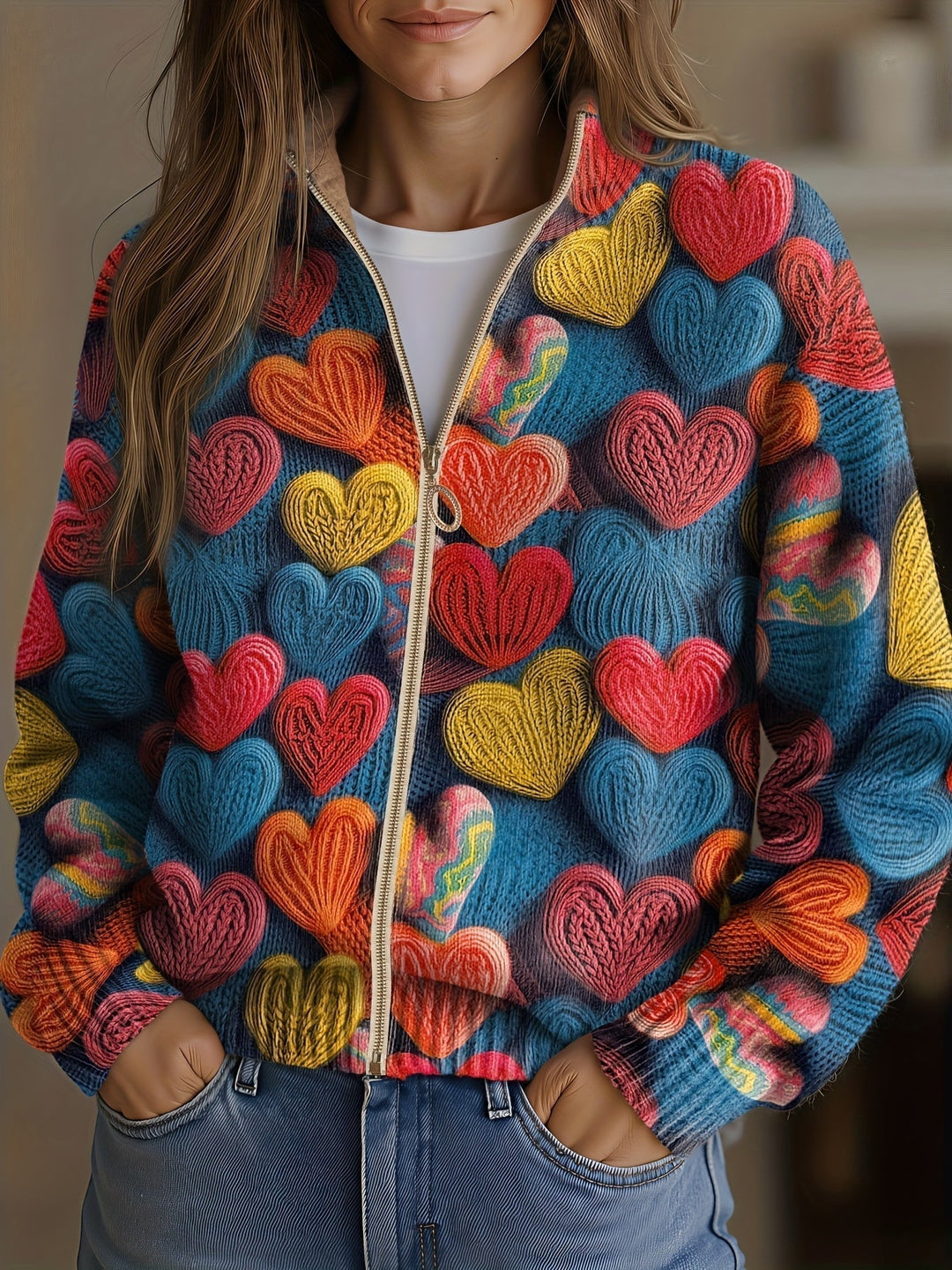 Valentine | Cardigan zippé aux cœurs colorés