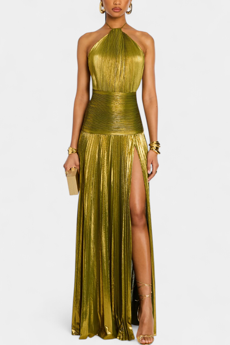 Robe Hana Halter Métallique avec Dos Nu et Fente Haute