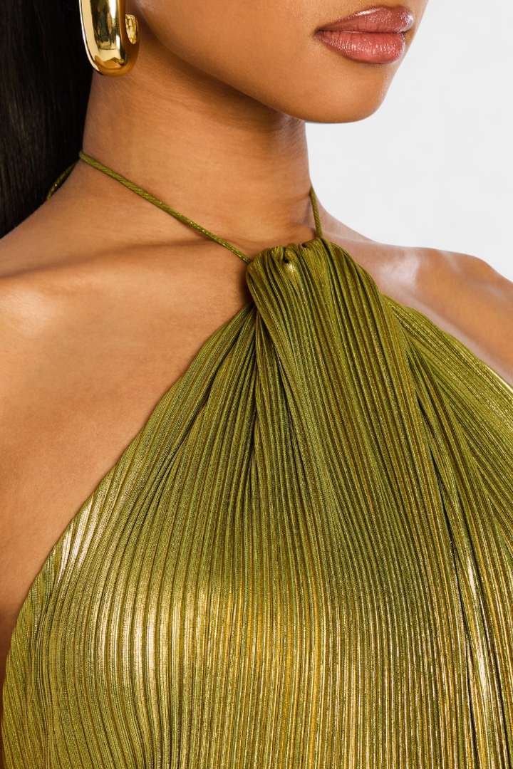 Robe Hana Halter Métallique avec Dos Nu et Fente Haute