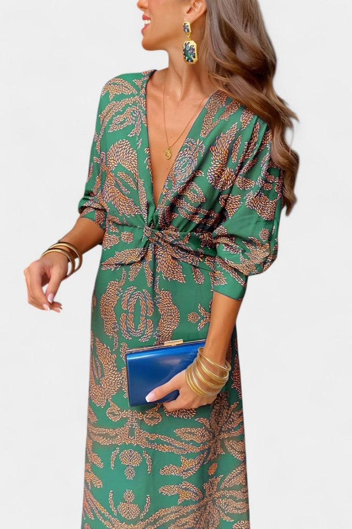 Ema - Robe Maxi avec Décolleté en V et Nœud Frontal