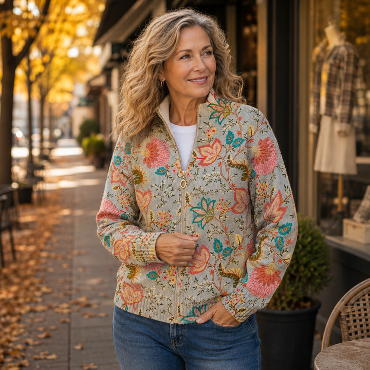 Charlotte | Cardigan zippé aux fleurs vintage