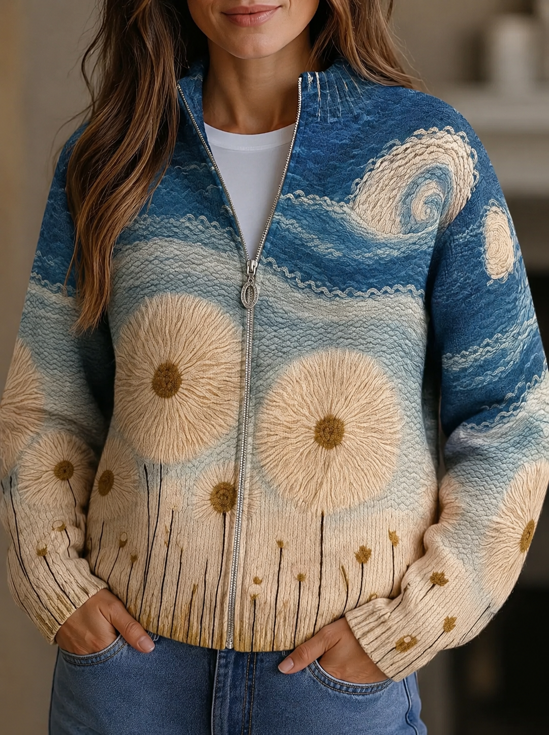 Yolande | Cardigan zippé aux pissenlits