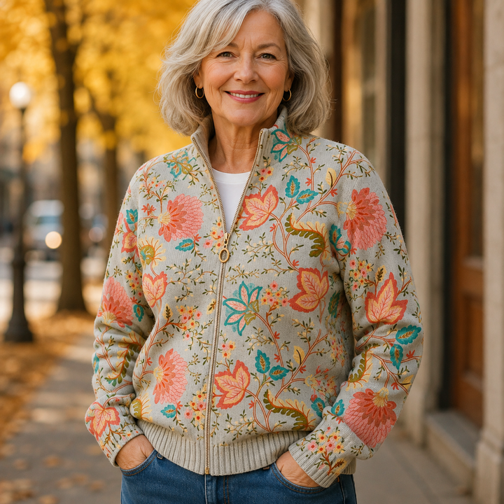 Charlotte | Cardigan zippé aux fleurs vintage