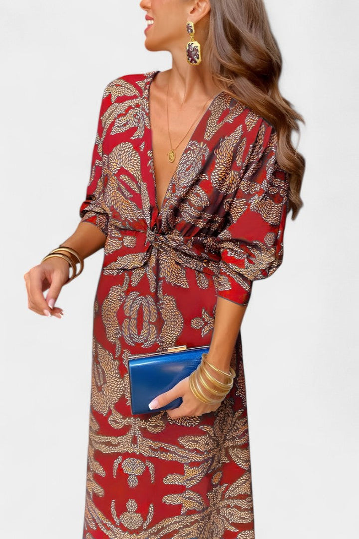 Ema - Robe Maxi avec Décolleté en V et Nœud Frontal