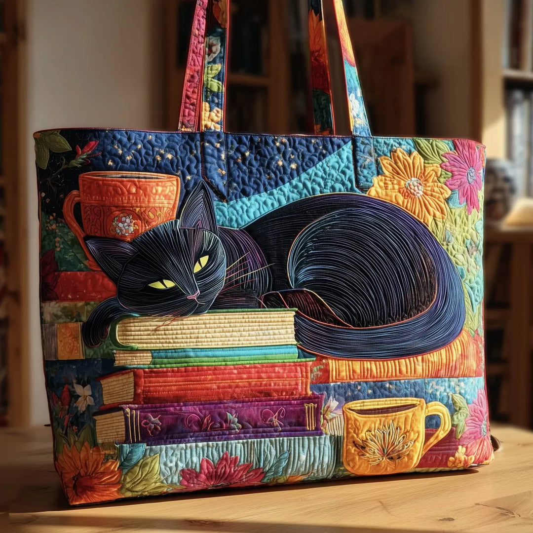 Sac en Tissu Artisanale - Chat Noir avec Livres et Tasses