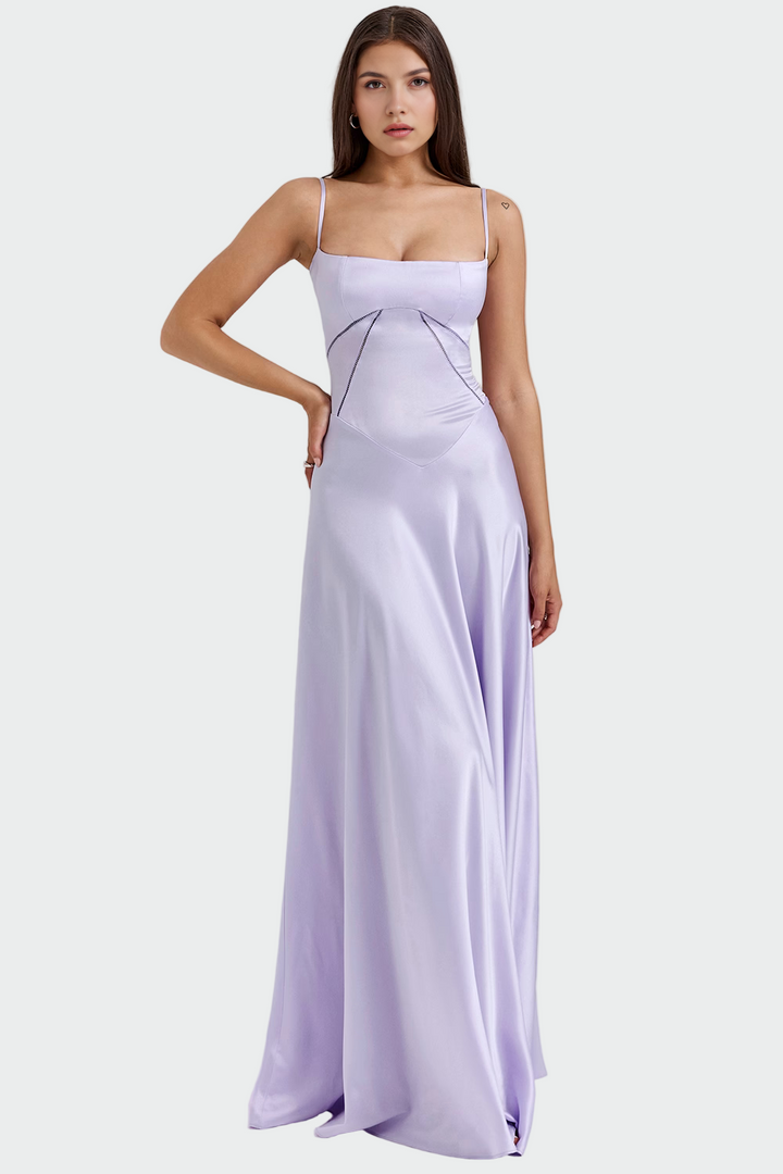 Robe Maxi en Satin avec Fines Bretelles
