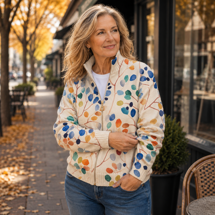 Delphine | Cardigan zippé imprimé feuilles botaniques