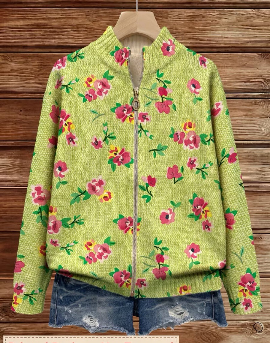 Margot | Gilet zippé floral rose sur fond vert lime