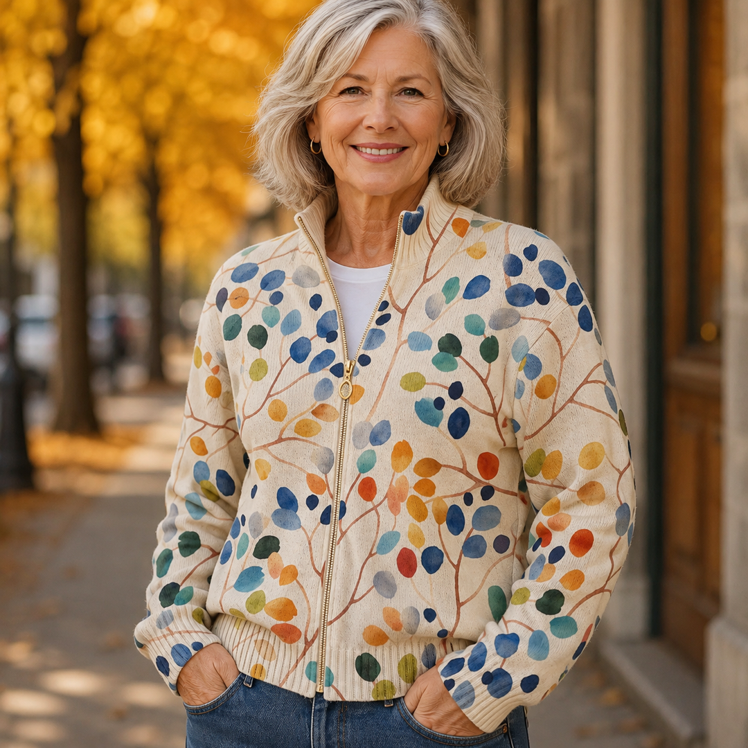 Delphine | Cardigan zippé imprimé feuilles botaniques