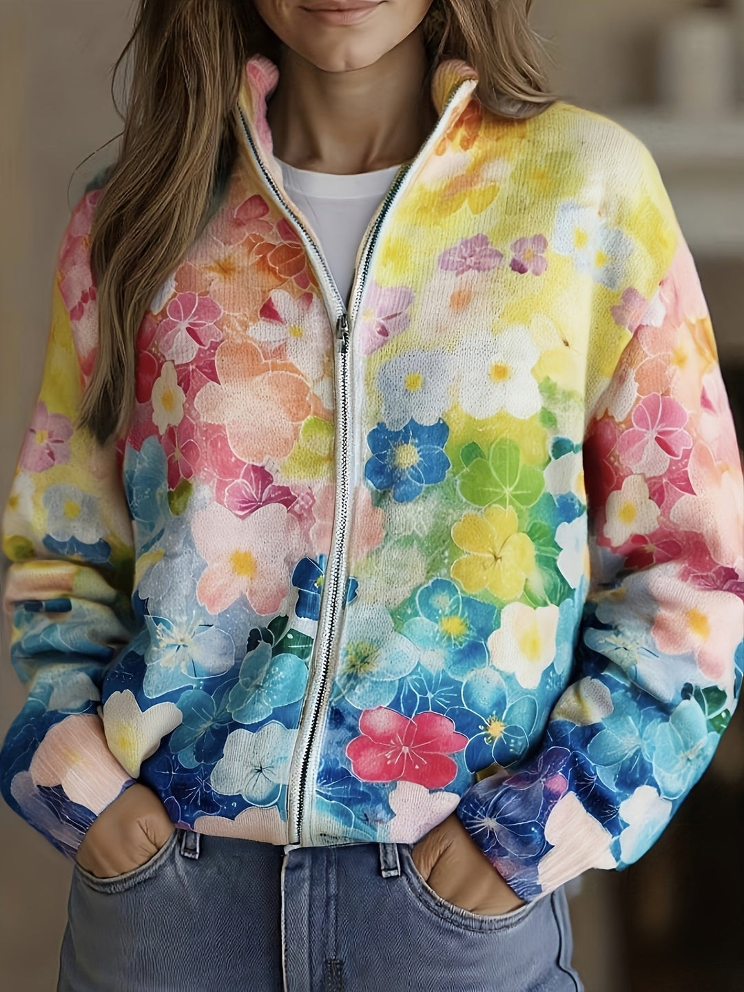 Augustine | Cardigan zippé floral aquarelle