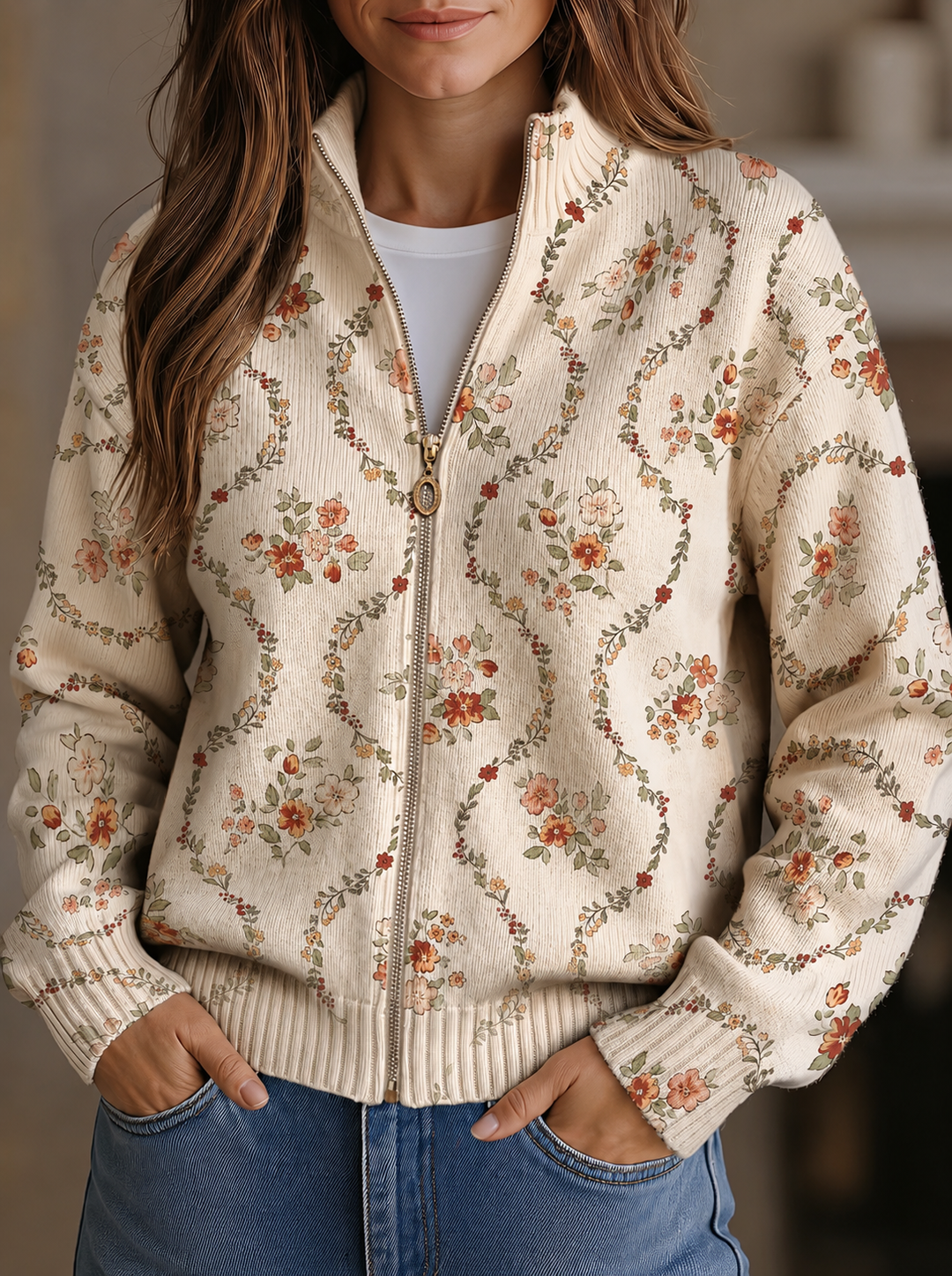 Vivienne | Cardigan zippé à motif floral