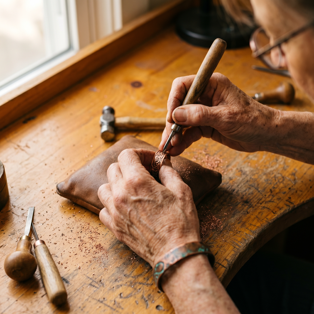 Bague réglable en cuivre gravé