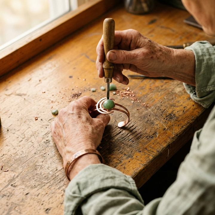 Bracelet en cuivre à pierre verte
