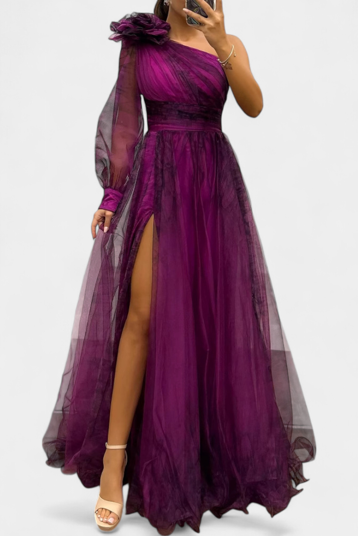 Robe Maxi Natalija en Chiffon avec Épaules Dégagées et Fleur Volumineuse