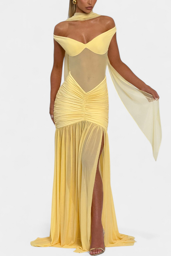 Robe Milica en Soie de Lait avec Décolleté Profond et Plis Sculptés
