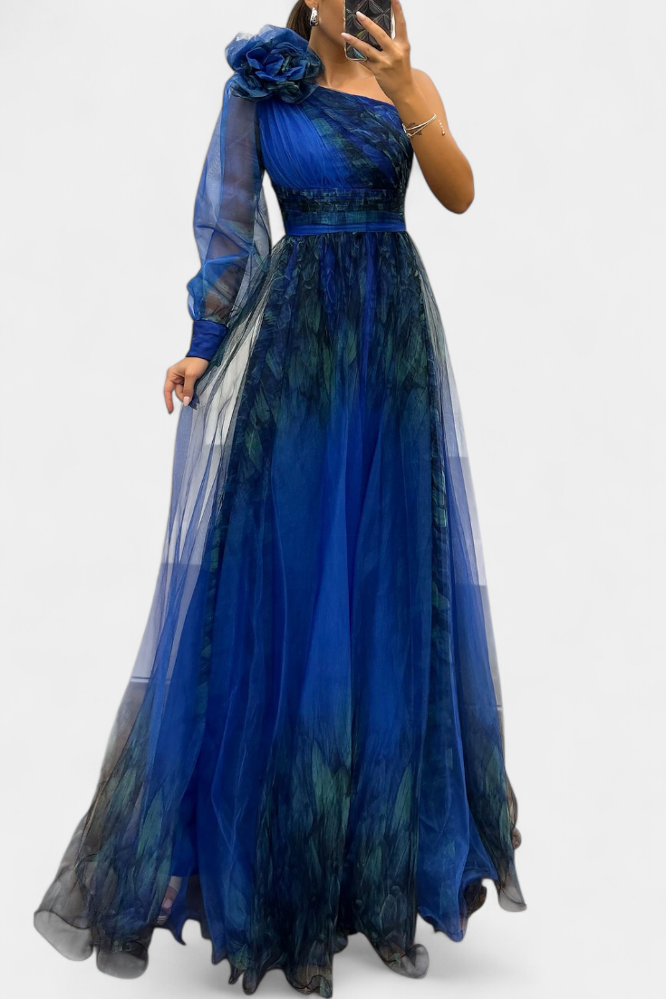 Robe Maxi Natalija en Chiffon avec Épaules Dégagées et Fleur Volumineuse