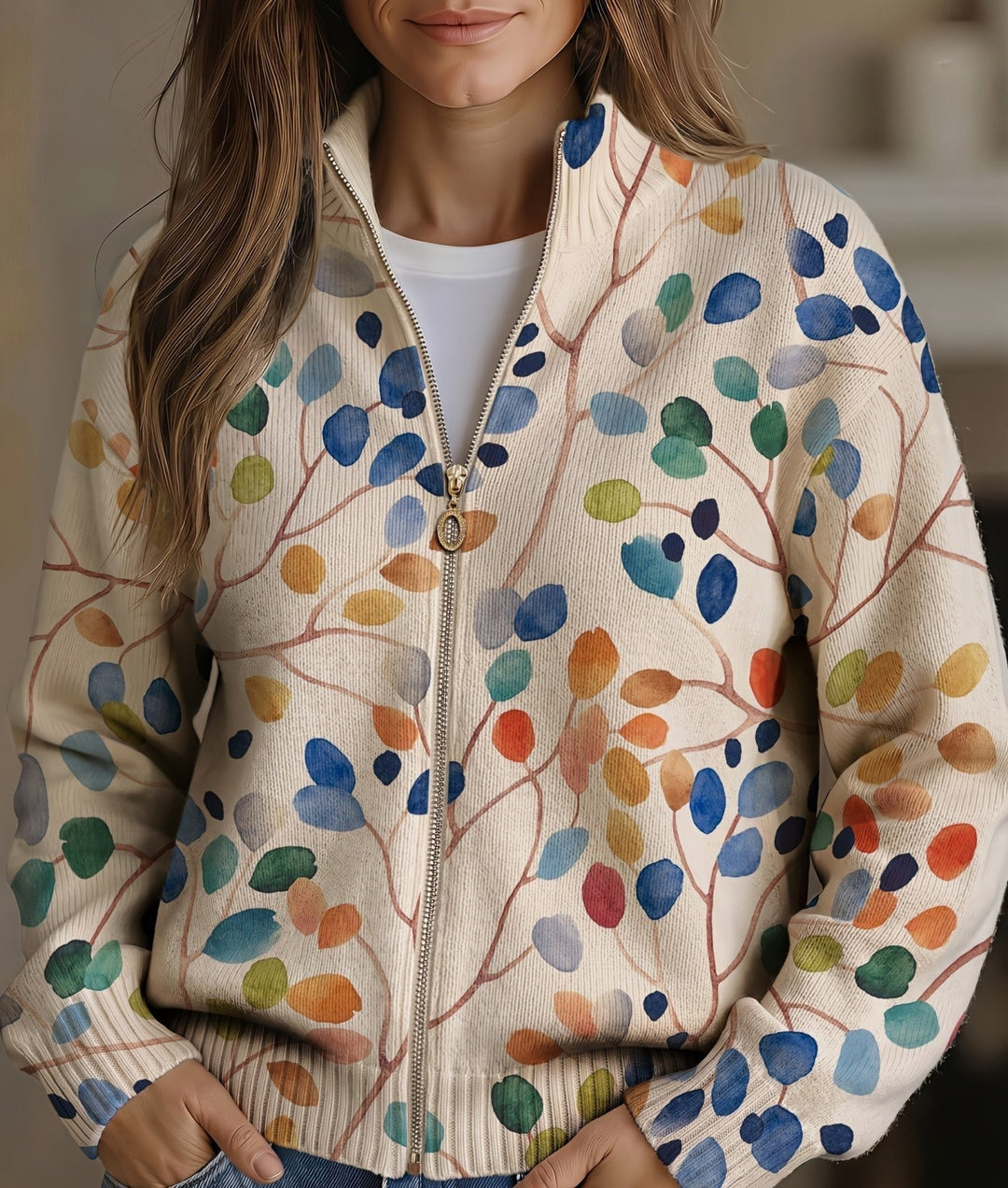 Delphine | Cardigan zippé imprimé feuilles botaniques